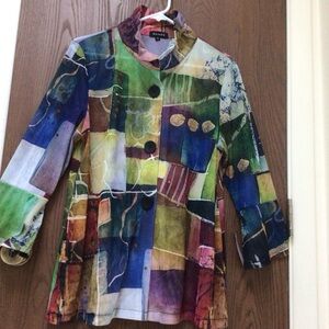 NWT Damee multicolor tunic top swing style artsy mesh button down, sz S